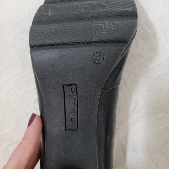 Tamaris Black Leather Round Toe Block 3" Heel Pumps Touch It Footbed EU 42 US 10 - Picture 8 of 15